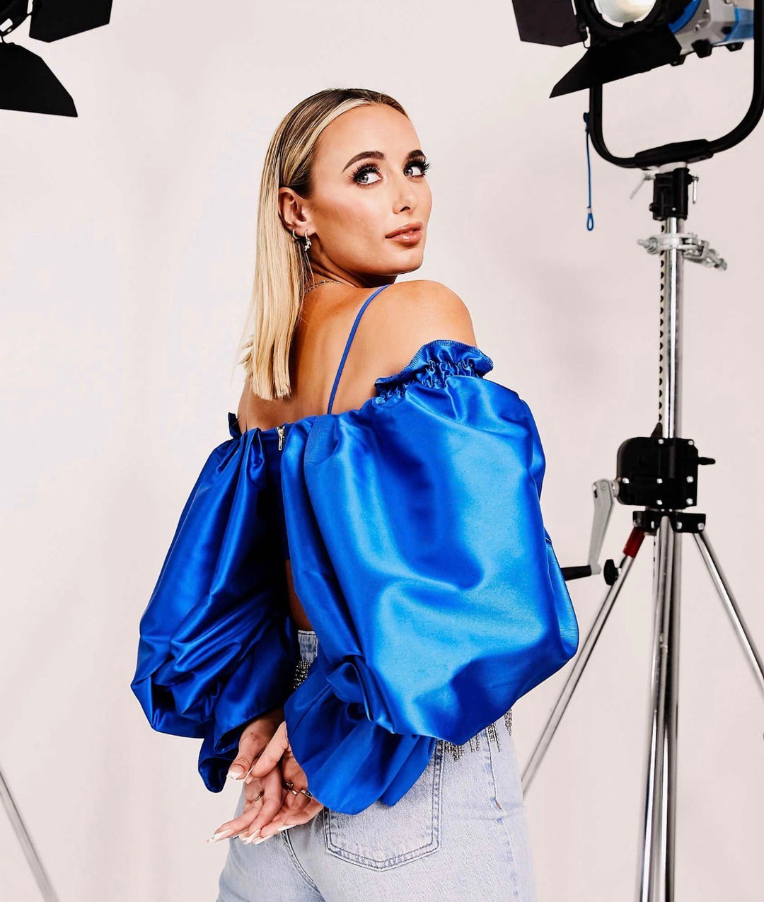 ASOS LUXE drama sleeve structured satin top in electric blue