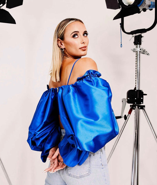 ASOS LUXE drama sleeve structured satin top in electric blue
