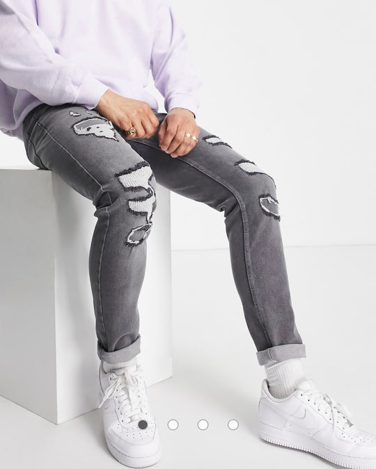 Topman stretch skinny jeans with rip and repair in grey