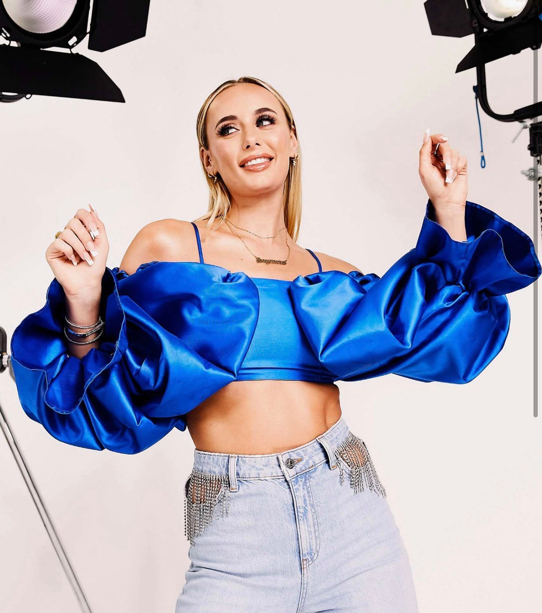 ASOS LUXE drama sleeve structured satin top in electric blue