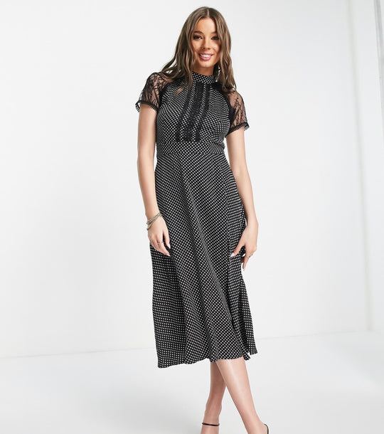 Liquorish a line midi dress in lack black polka dot print