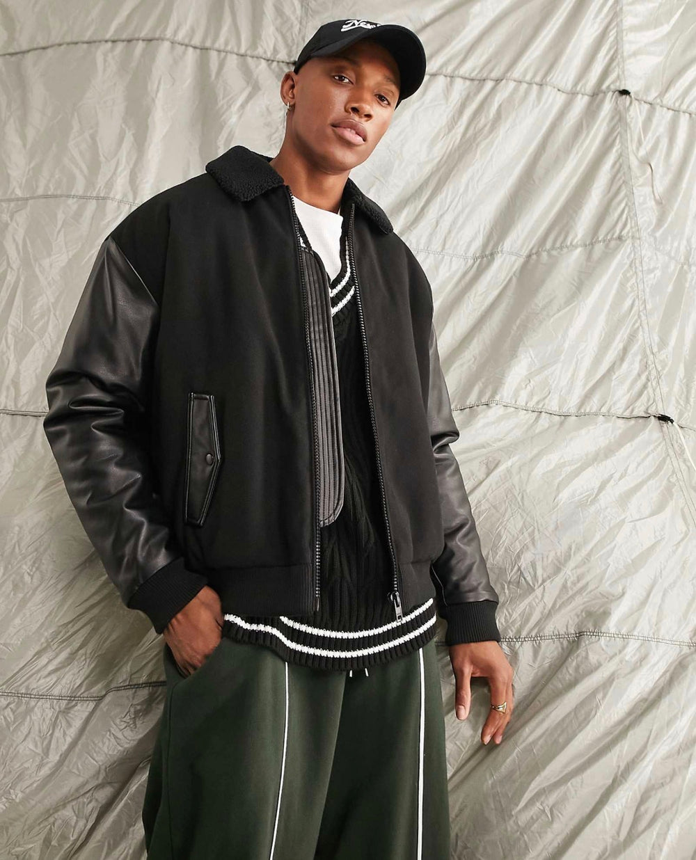 ASOS DESIGN oversized bomber jacket with borg collar in black