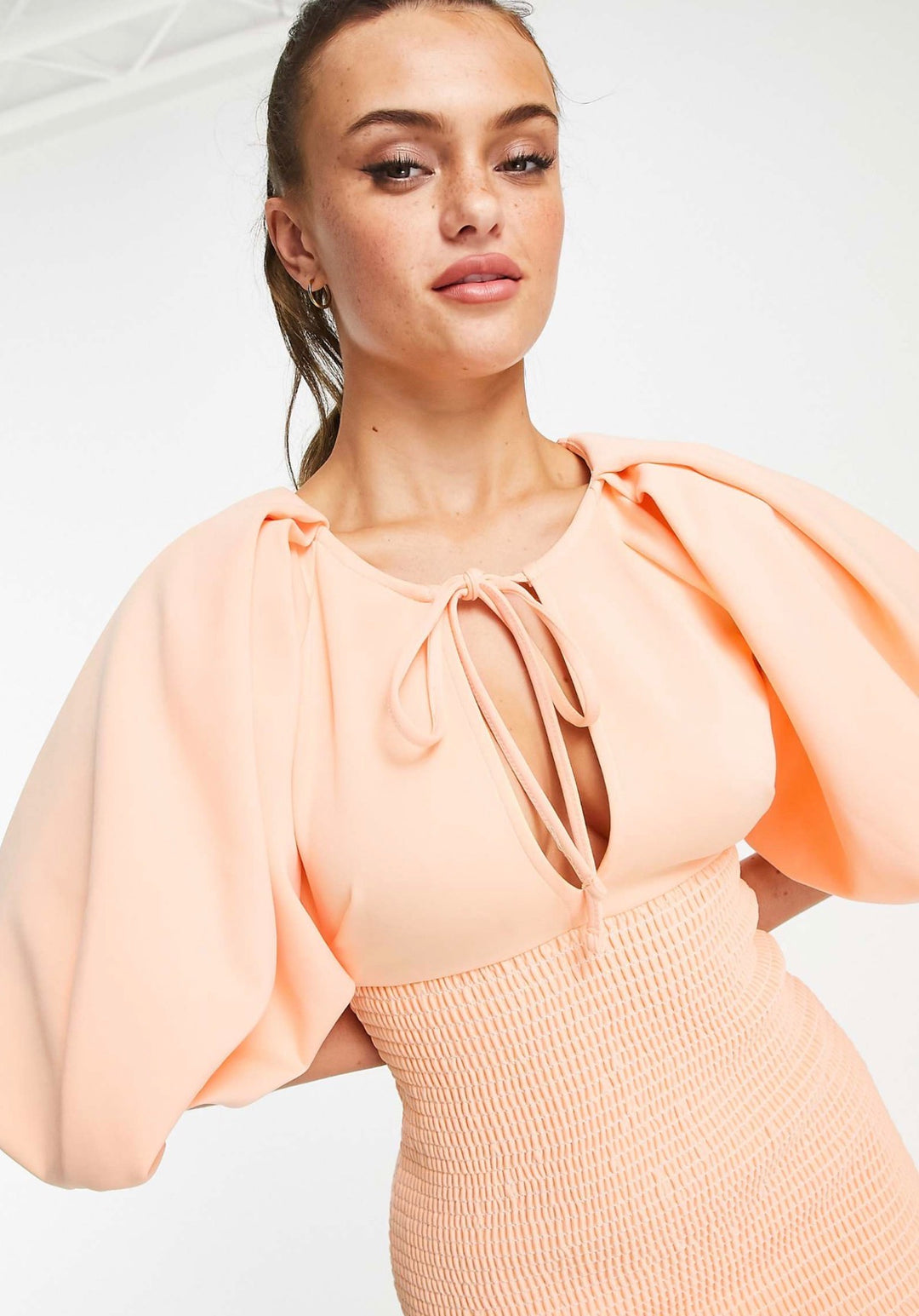 asos design puff sleeve keyhole shirred mini dress in peach