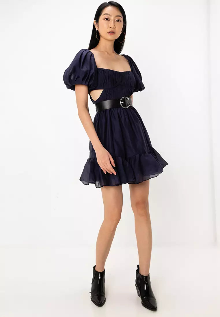 ASOS DESIGN voile mini dress with pleated bodice and PU belt
