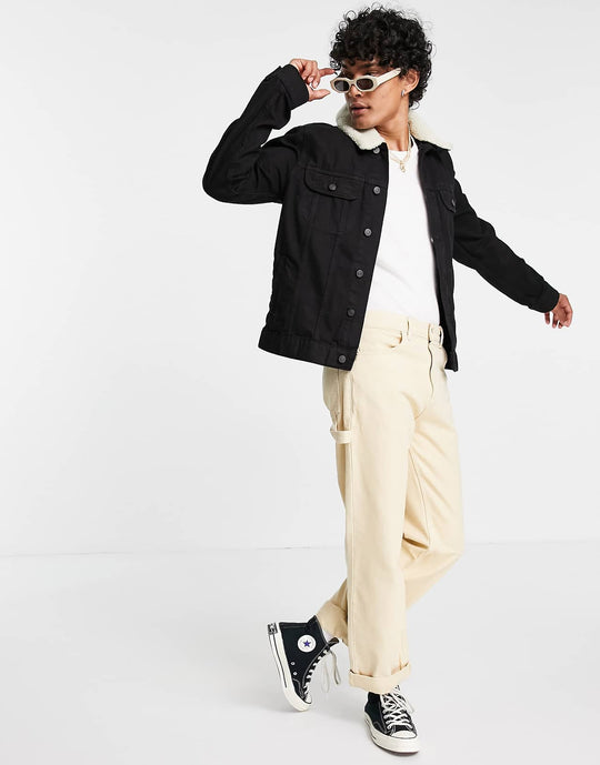 asos-design-denim-jacket-with-detachable-borg-collar-in-black