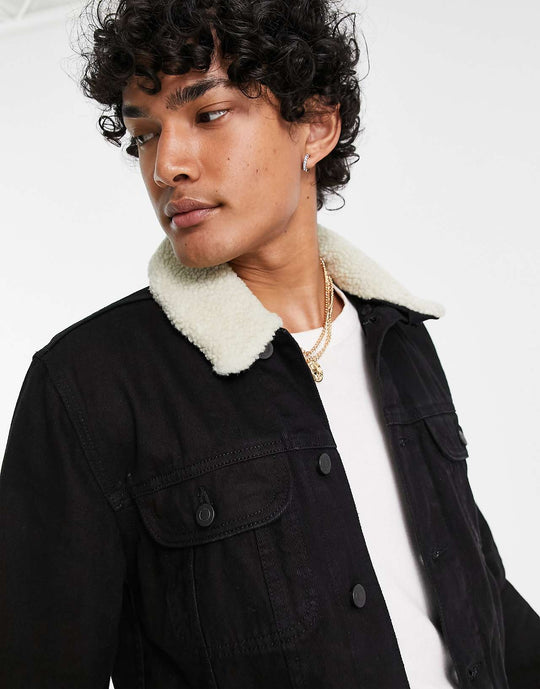 asos-design-denim-jacket-with-detachable-borg-collar-in-black