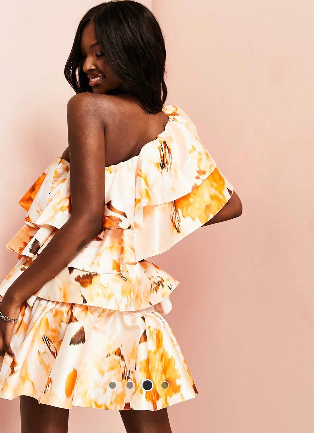 Asos Luxe Satin Ruffle Off shoulder mini dress in Multi