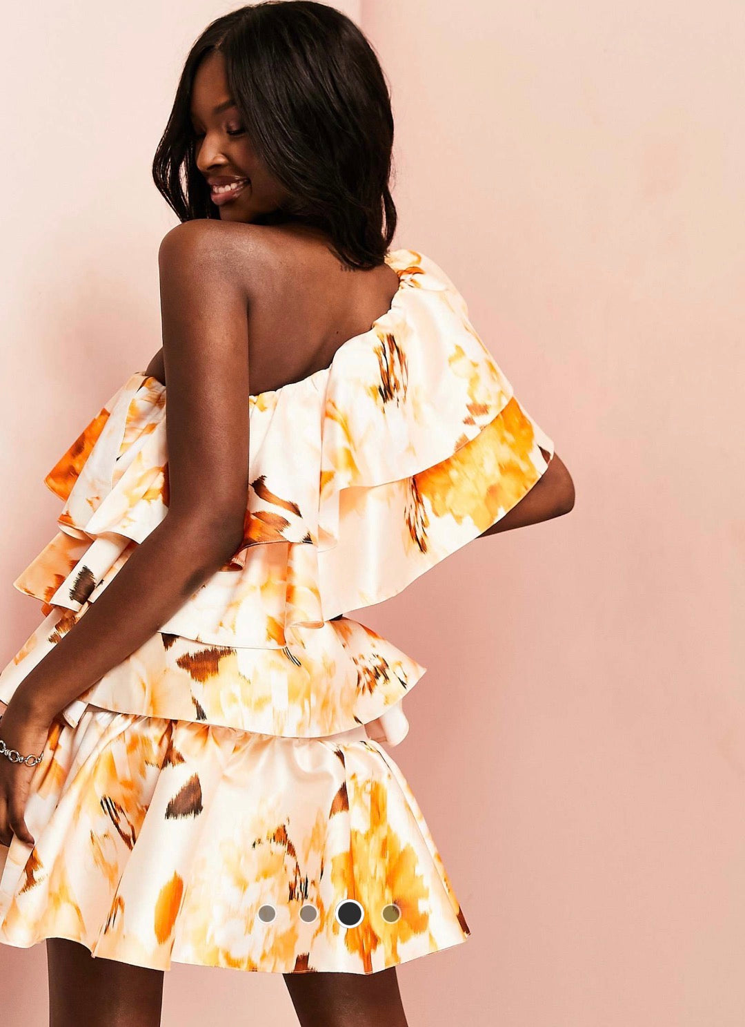 Asos Luxe Satin Ruffle Off shoulder mini dress in Multi