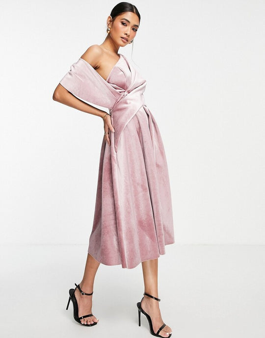 ASOS DESIGN velvet bare shoulder prom midi dress in rose pink