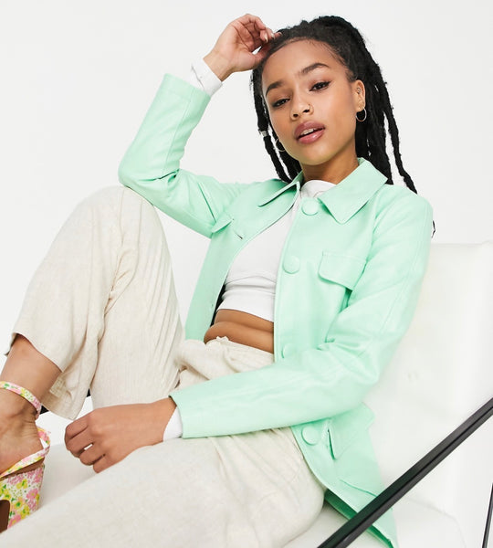 Miss Selfridge PETITE pu tie waist shacket in mint