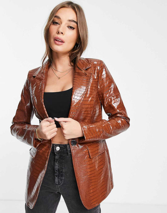Glamorous Relaxed Blazer in Brown Faux Croc Co-ord