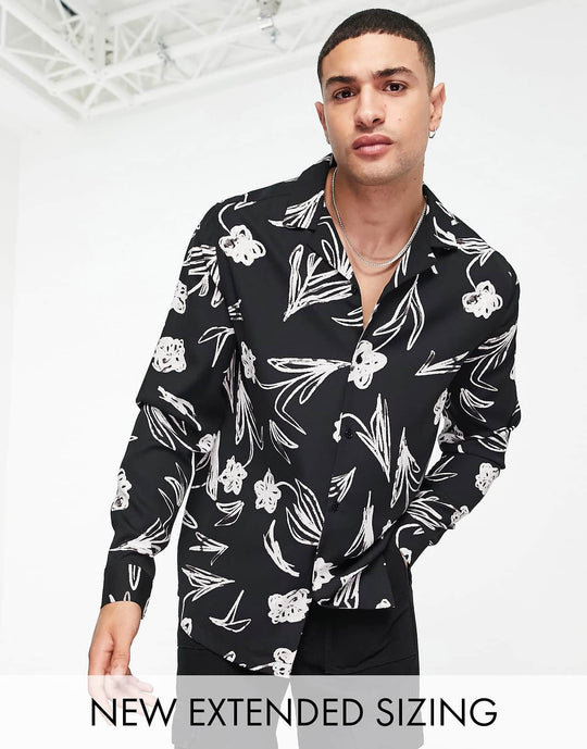 asos-design-relaxed-revere-scribble-floral-print-shirt-in-monochrome