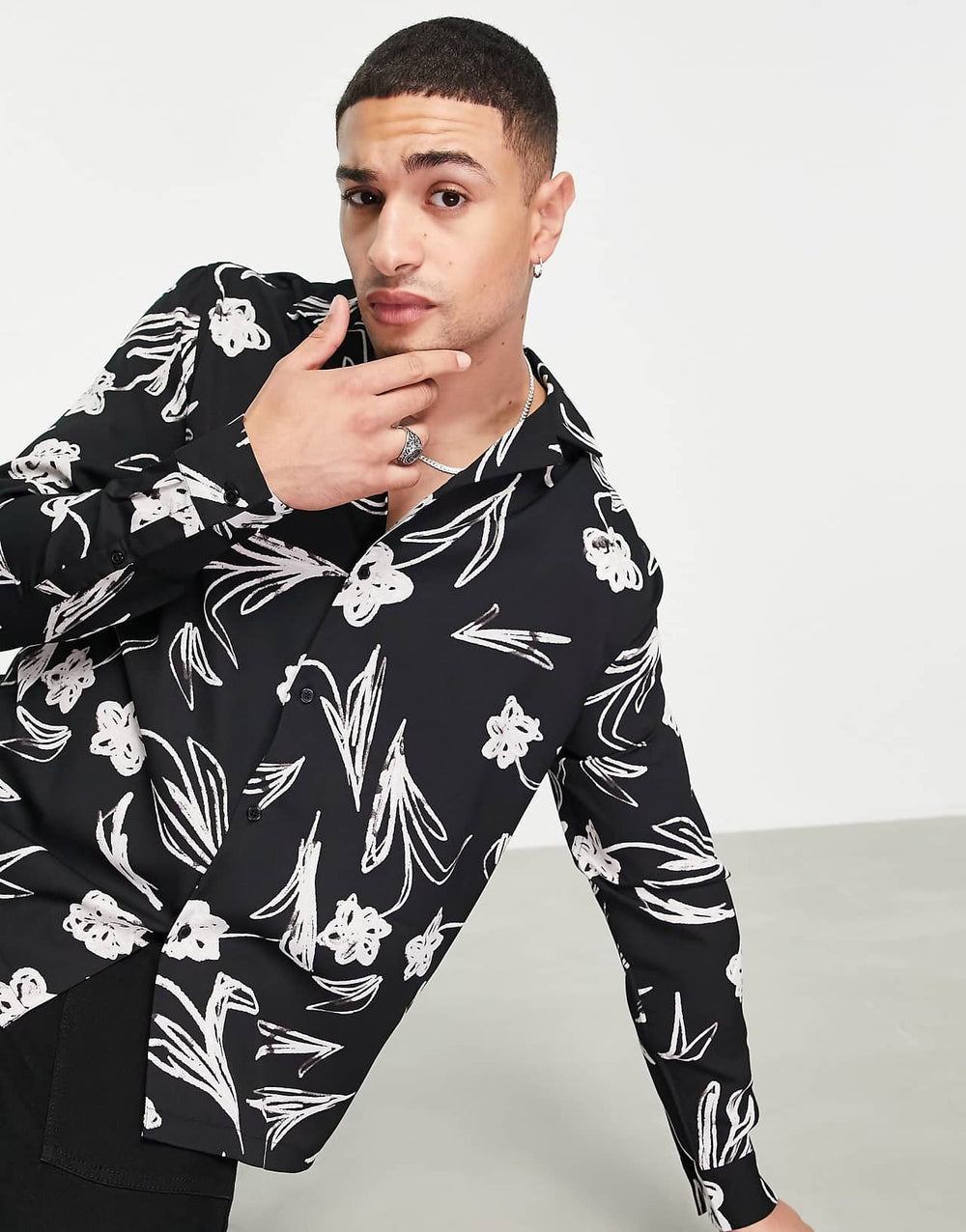 asos-design-relaxed-revere-scribble-floral-print-shirt-in-monochrome