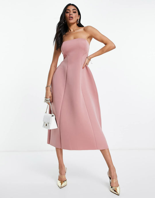 asos design bandeau open back midi skater dress in dusky pink