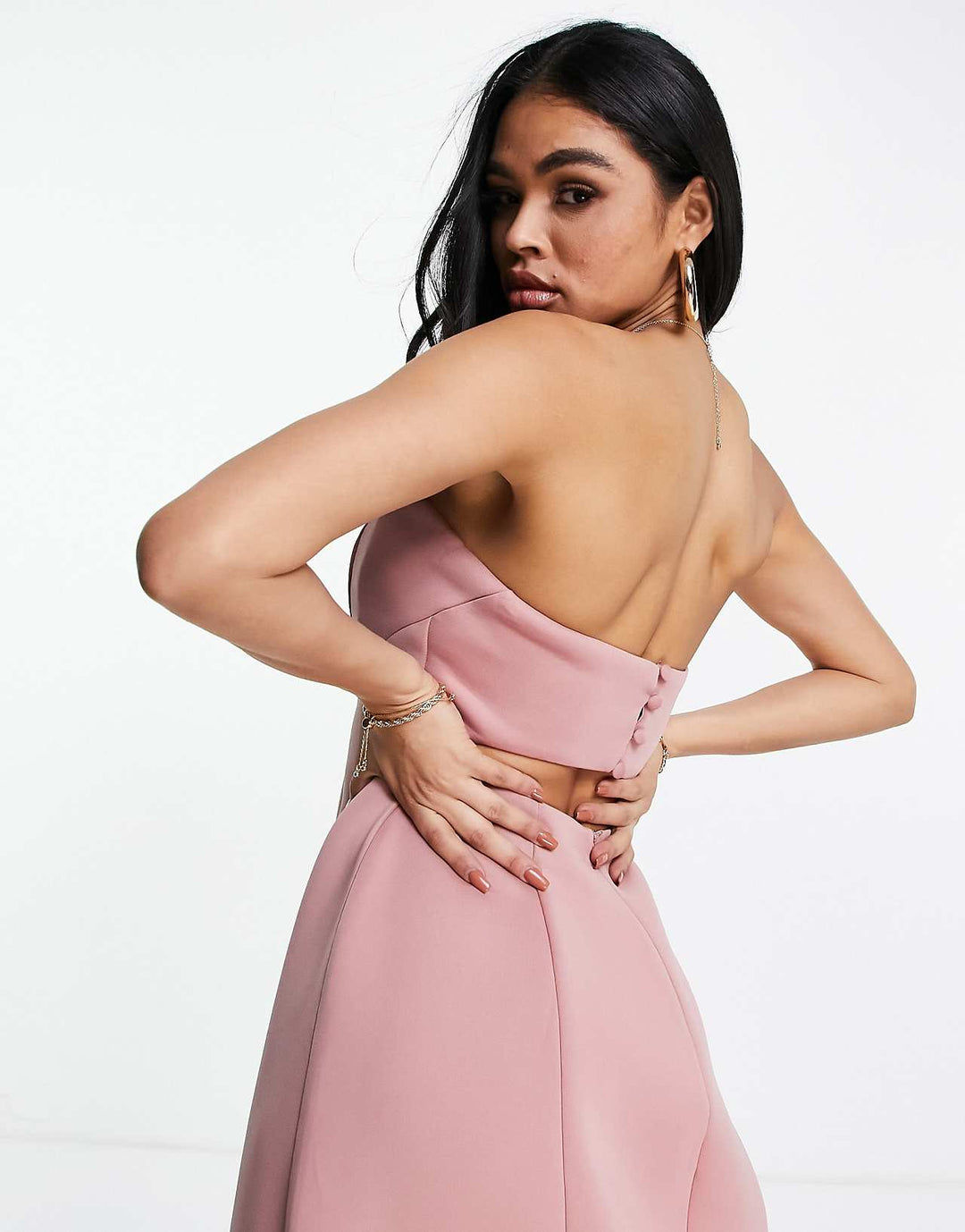 asos design bandeau open back midi skater dress in dusky pink