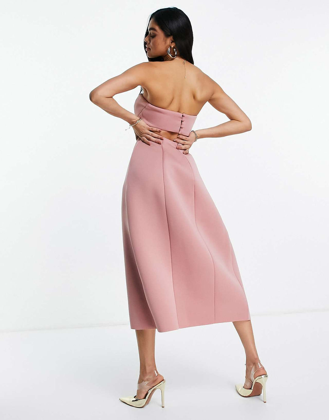 asos design bandeau open back midi skater dress in dusky pink