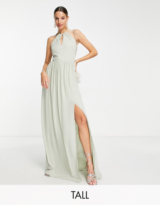 TFNC Tall Bridesmaid Strappy Back Halter Neck Dress in Sage Green