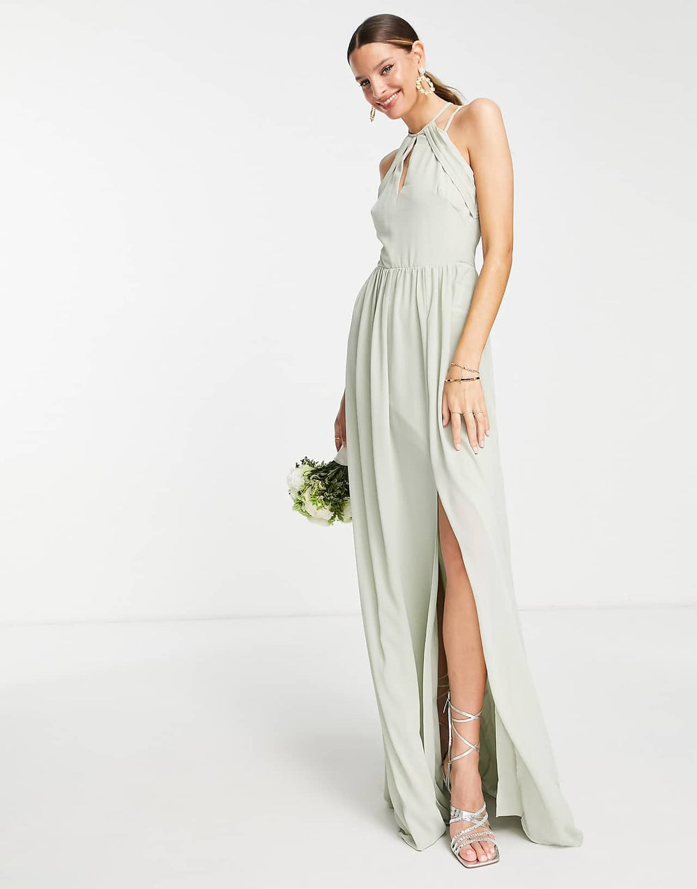 TFNC Tall Bridesmaid Strappy Back Halter Neck Dress in Sage Green
