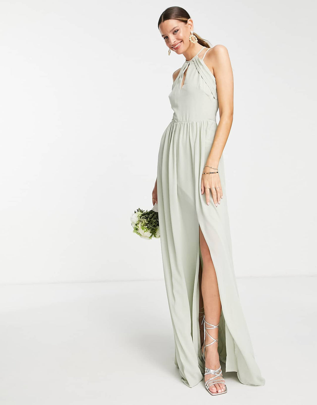 TFNC Tall Bridesmaid Strappy Back Halter Neck Dress in Sage Green
