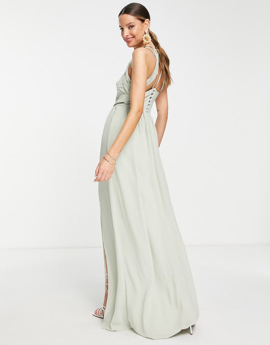 TFNC Tall Bridesmaid Strappy Back Halter Neck Dress in Sage Green