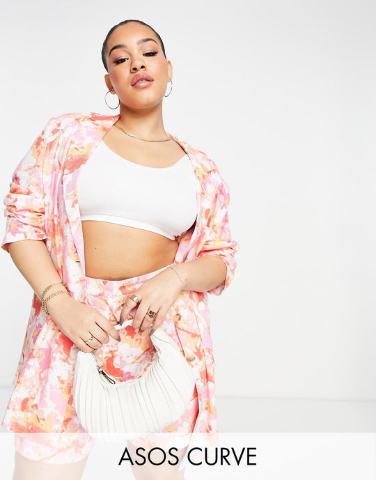 ASOS Design Curve Linen Printed Dad Suit Blazer in Abstract Floral