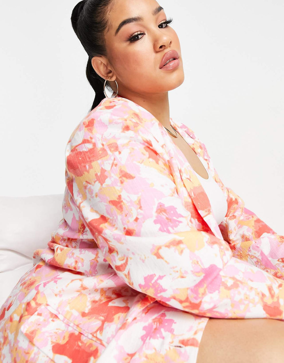 ASOS Design Curve Linen Printed Dad Suit Blazer in Abstract Floral