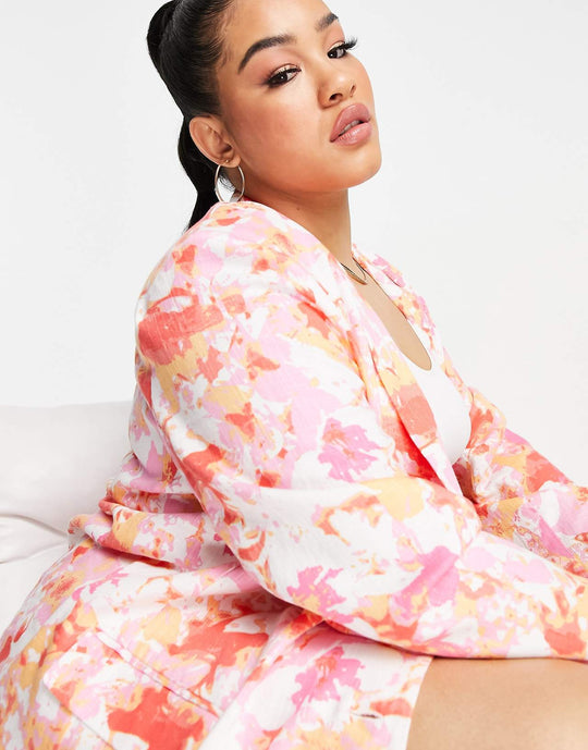 ASOS Design Curve Linen Printed Dad Suit Blazer in Abstract Floral