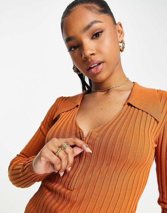 ASOS DESIGN Jumper in Rib with Zip Front in Brown