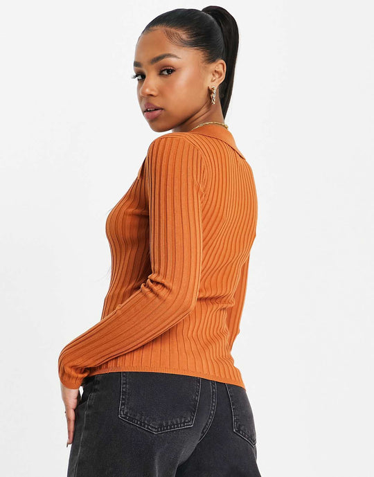 ASOS DESIGN Jumper in Rib with Zip Front in Brown