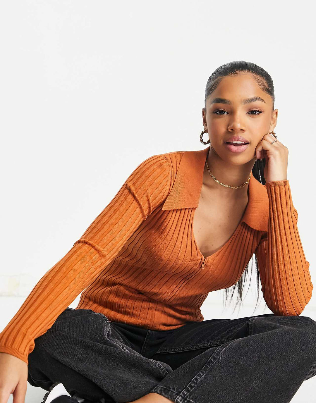 ASOS DESIGN Jumper in Rib with Zip Front in Brown