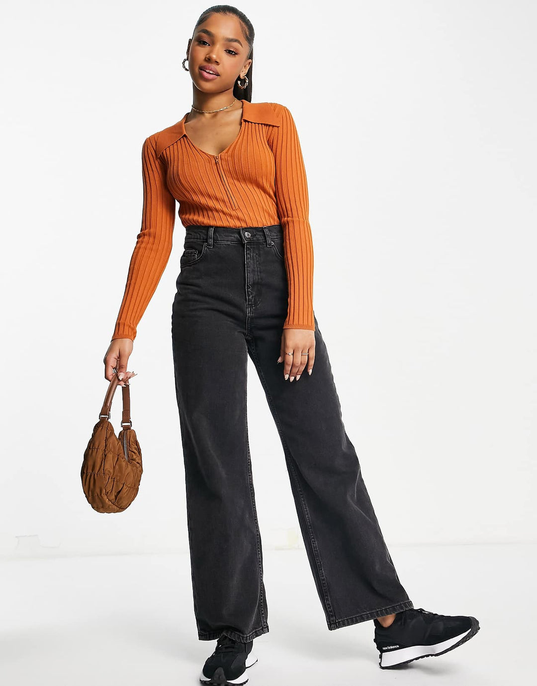 ASOS DESIGN Jumper in Rib with Zip Front in Brown