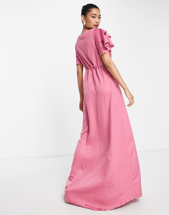 Little Mistress Bridesmaid Satin Maxi Dress with Flutter Sleeves
