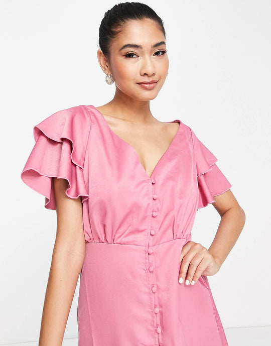 Little Mistress Bridesmaid Satin Maxi Dress with Flutter Sleeves