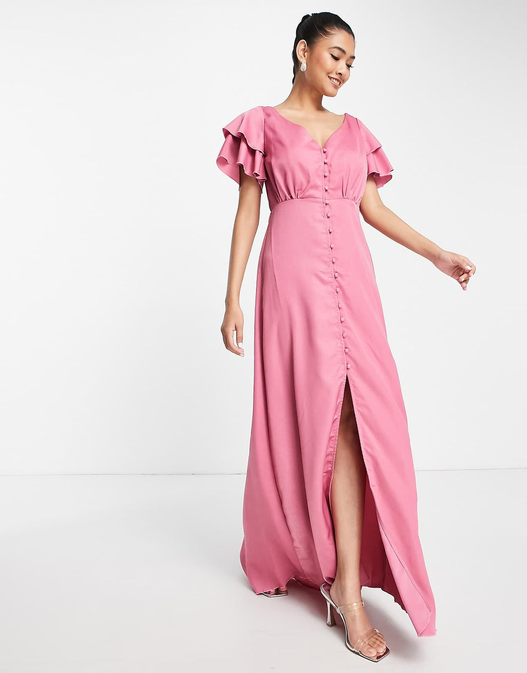 Little Mistress Bridesmaid Satin Maxi Dress with Flutter Sleeves