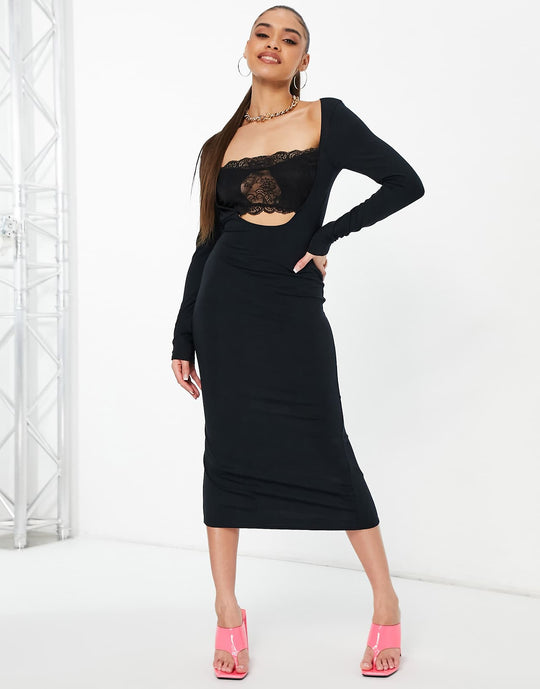 asos design långärmad bodycon-klänning med spetsdetalj vid bysten i svart