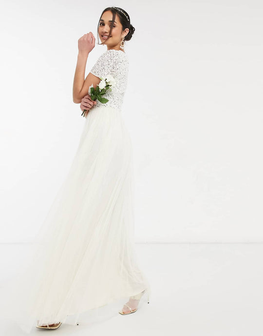 maya bridal v neck maxi tulle dress with tonal delicate sequin in ecru