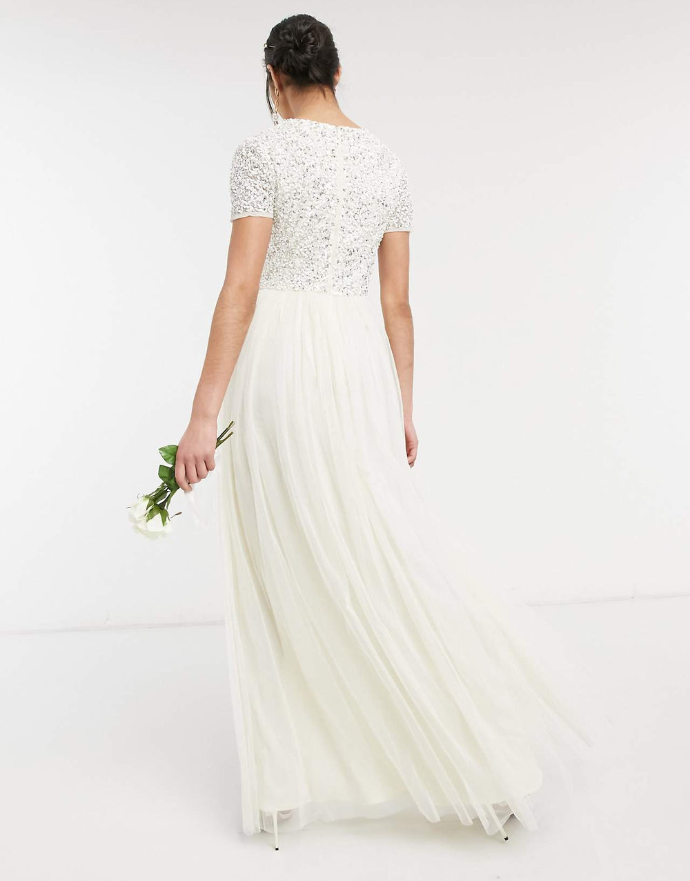 maya bridal v neck maxi tulle dress with tonal delicate sequin in ecru