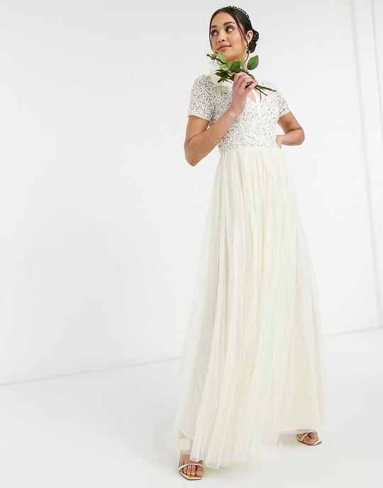maya bridal v neck maxi tulle dress with tonal delicate sequin in ecru