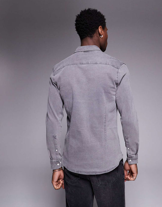 asos-design-stretch-slim-denim-shirt-in-washed-black