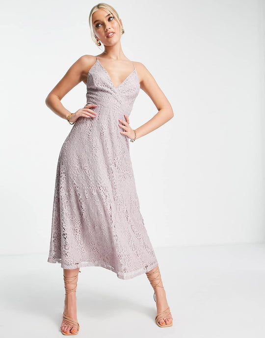 ASOS Design Lace Prom Midi Dress with Lace Up Back in Lilac