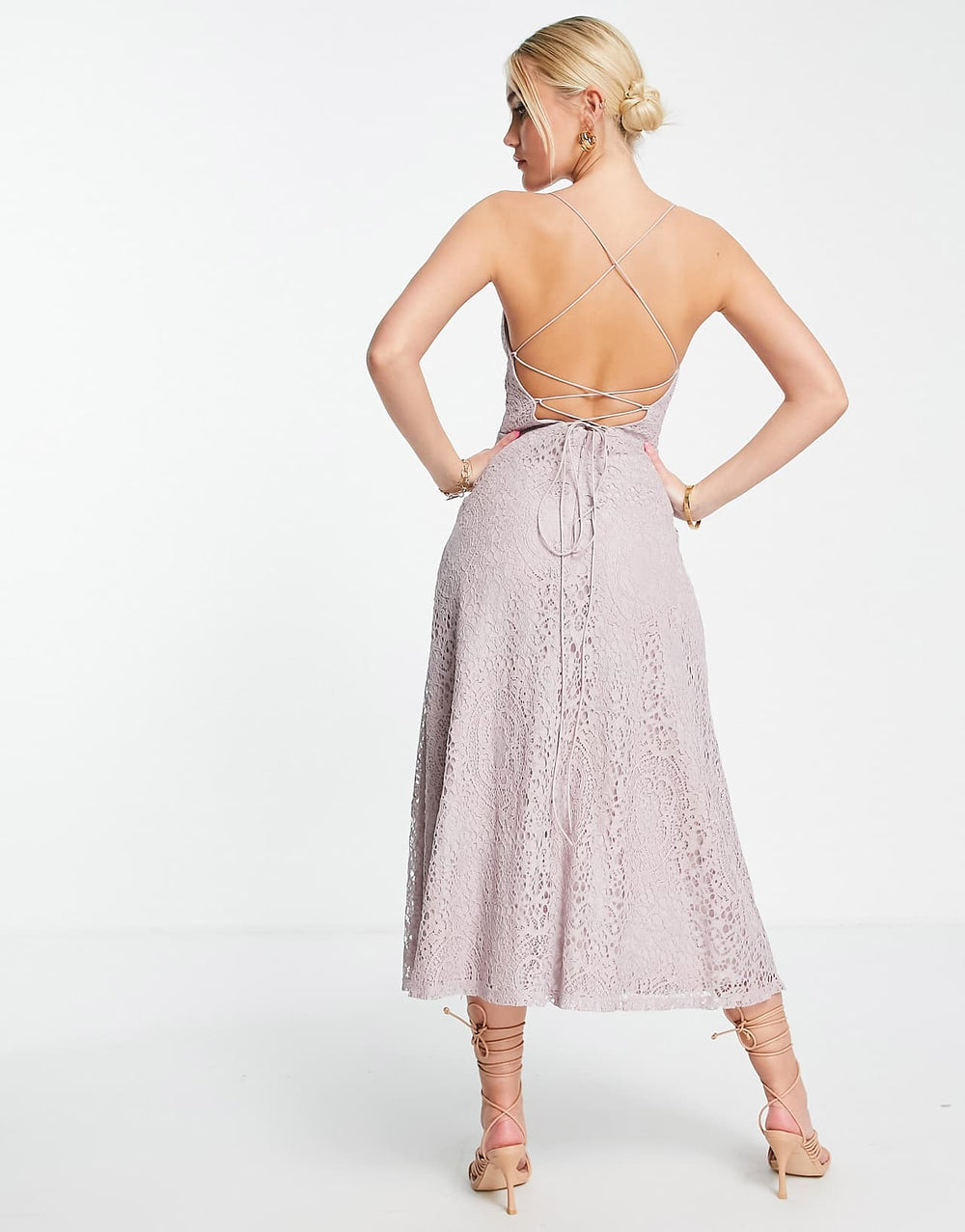 ASOS Design Lace Prom Midi Dress with Lace Up Back in Lilac
