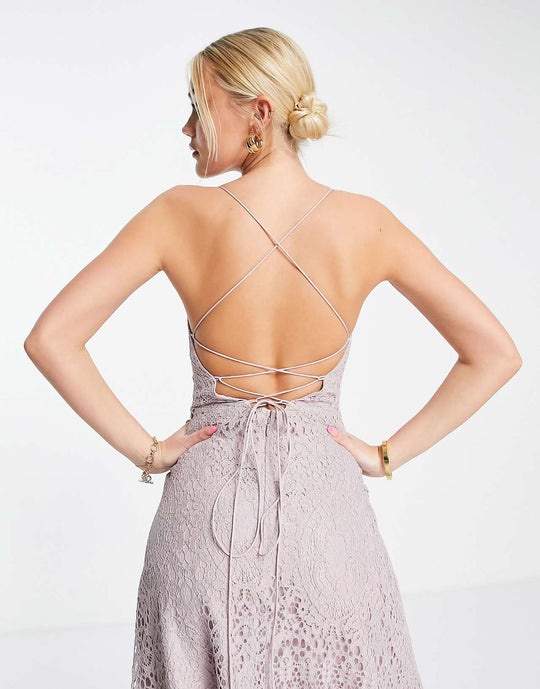 ASOS Design Lace Prom Midi Dress with Lace Up Back in Lilac