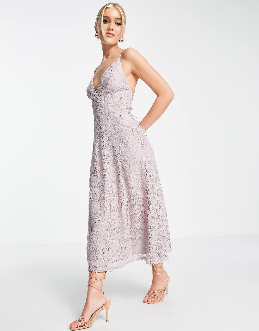 ASOS Design Lace Prom Midi Dress with Lace Up Back in Lilac