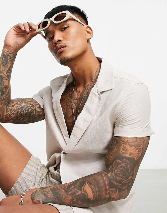asos-design-regular-linen-shirt-with-low-deep-revere-in-stone
