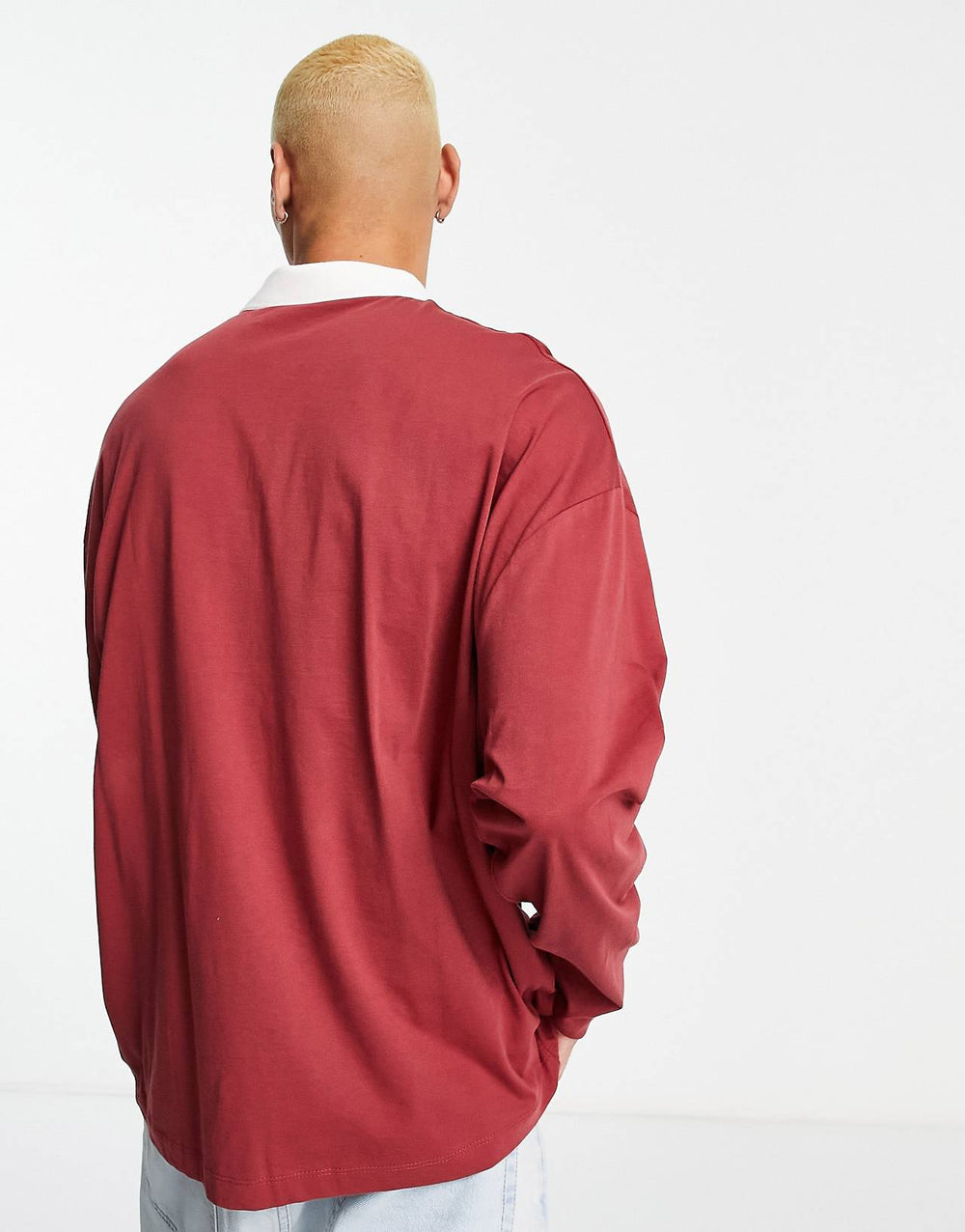 asos design oversized long sleeve polo t-shirt in burgundy with michigan print