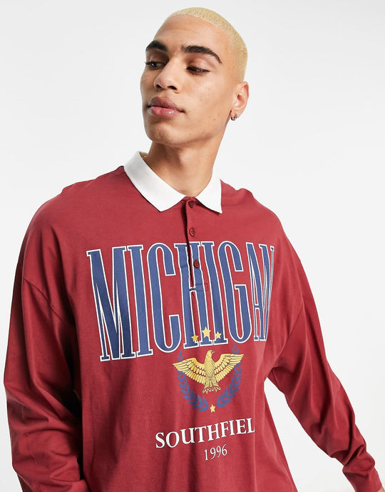 asos design oversized long sleeve polo t-shirt in burgundy with michigan print
