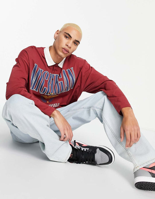 asos design oversized long sleeve polo t-shirt in burgundy with michigan print