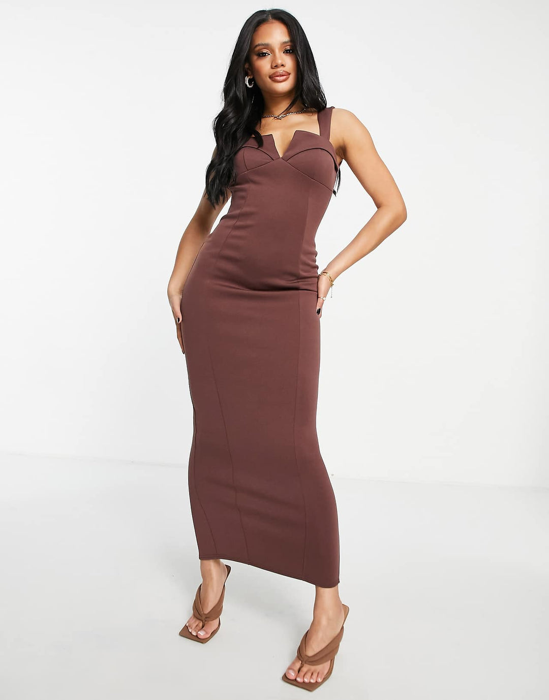 asos design cupped seamed pencil dress in chocolate