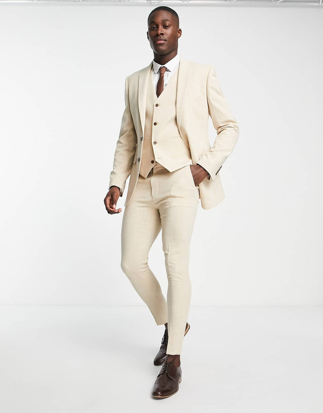asos design wedding super skinny suit jacket in stone crosshatch