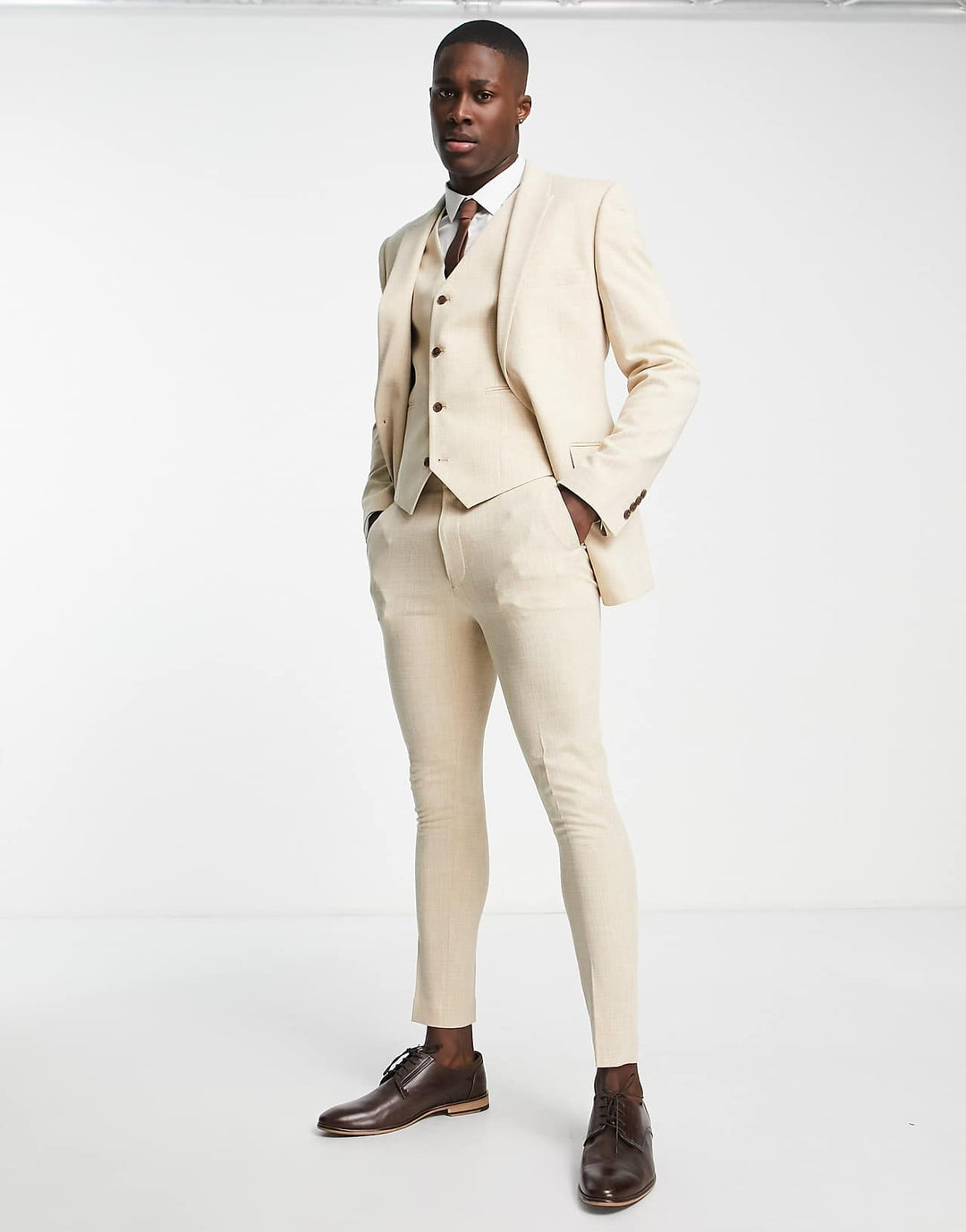 ASOS Design Wedding Super Skinny Suit Trousers in Stone Crosshatch